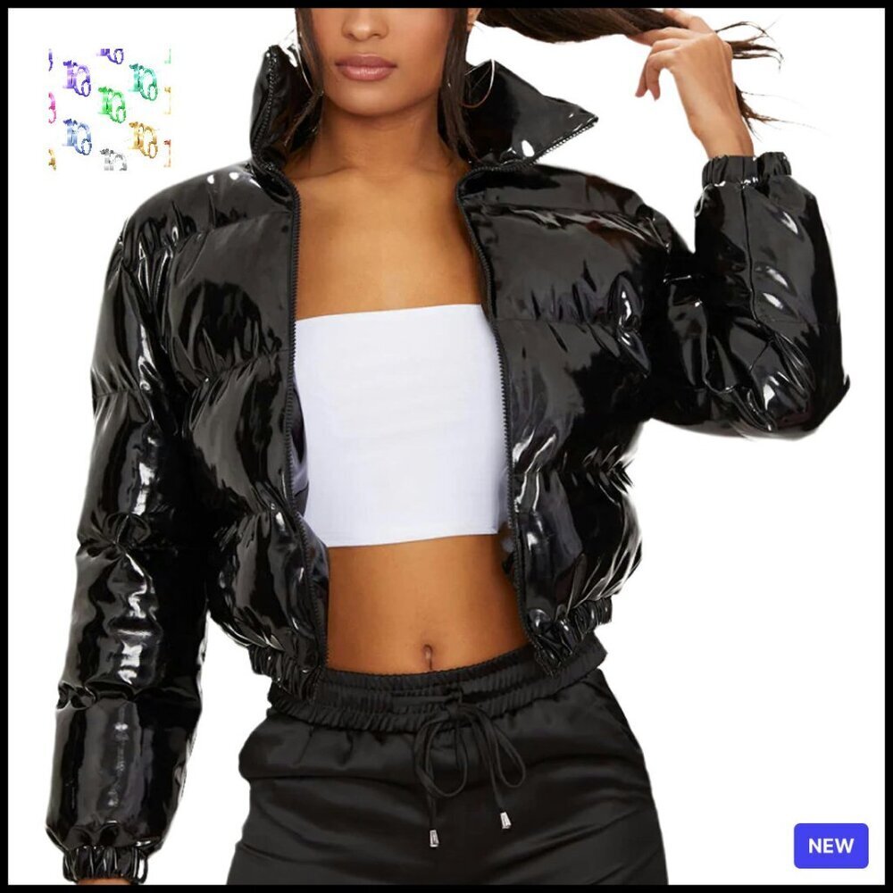 Cropped Puffer Jacket Shiny Zip Up Winter Bubble Coat Chic Y2K